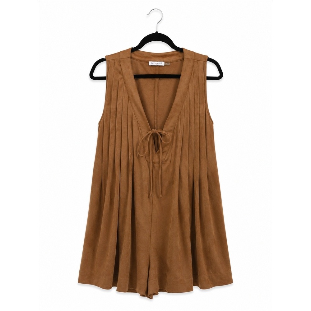 Lily White Brown Faux Suede Pleated Tie Front V-Neck Sleeveless Romper Small